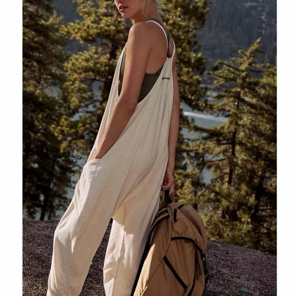 Free People Movement Hot Shot Jumpsuit Small Oatmeal Harem Overalls Cotton - Picture 10 of 12